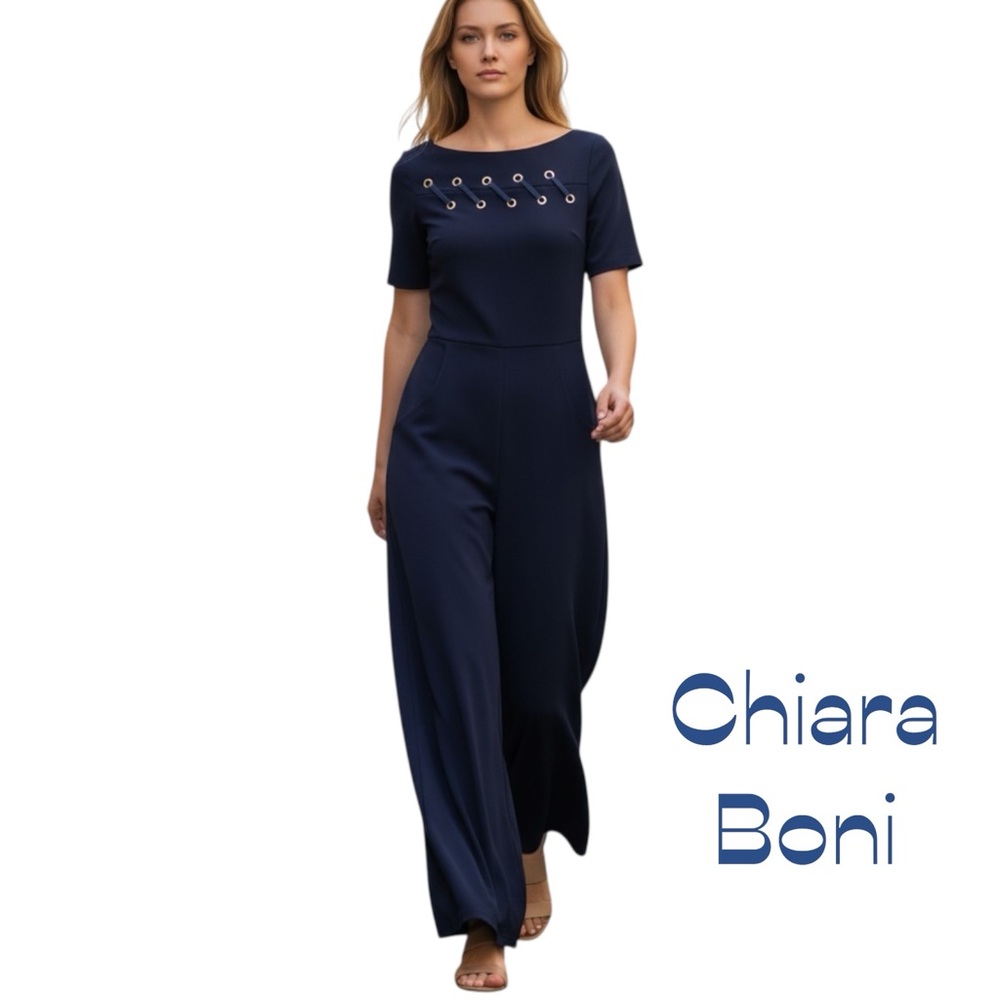 Chiara Boni Navy Luxury Designer Short Sleeve Wide Leg Jumpsuit NWT 8
